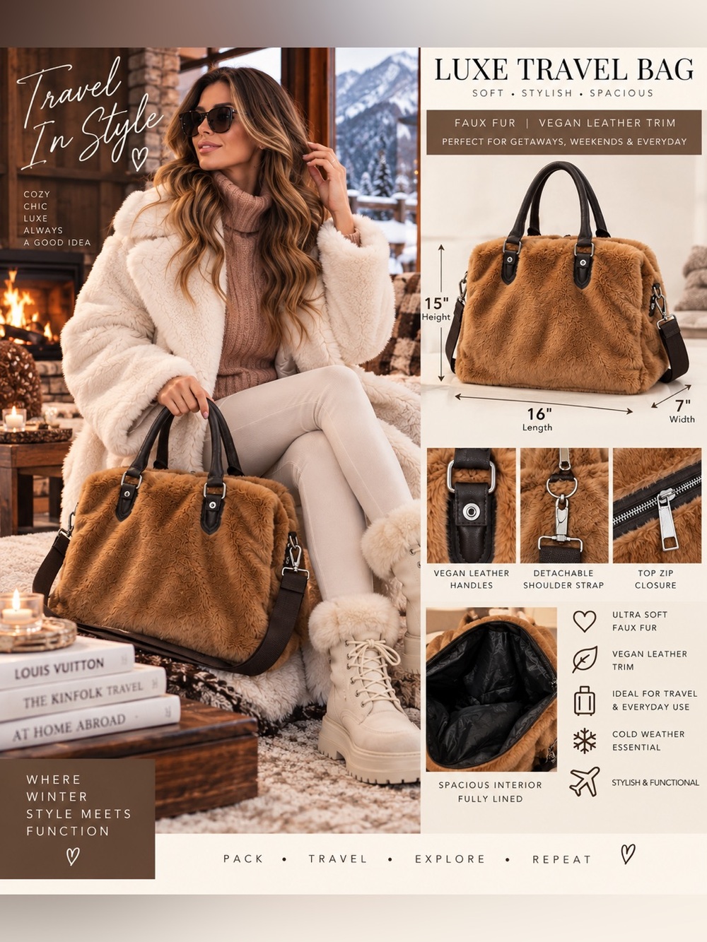 Luxe Faux-Fur Travel Bag - Brown